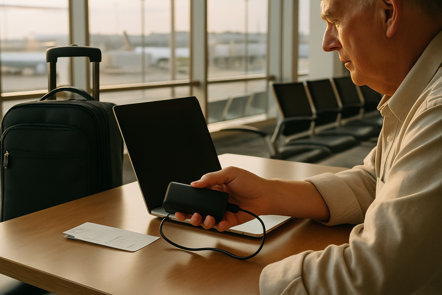 Passenger using a power bank to charge a laptop at an airport gate table