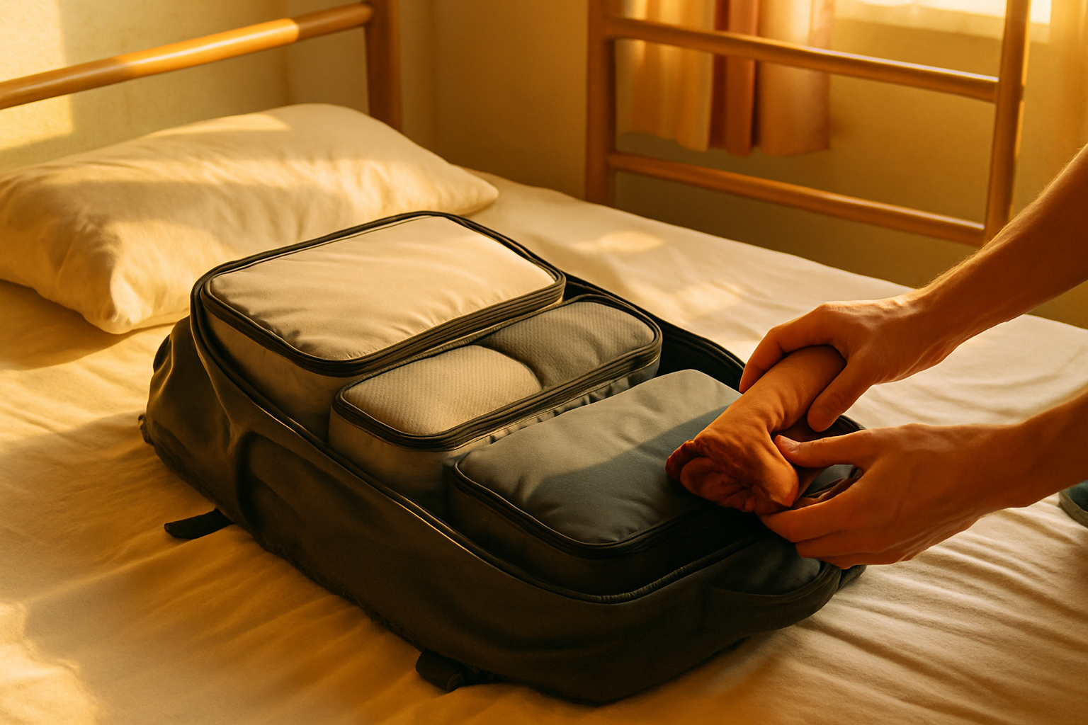 Backpack open on a bed with neatly packed packing cubes inside and a hand packing a cube