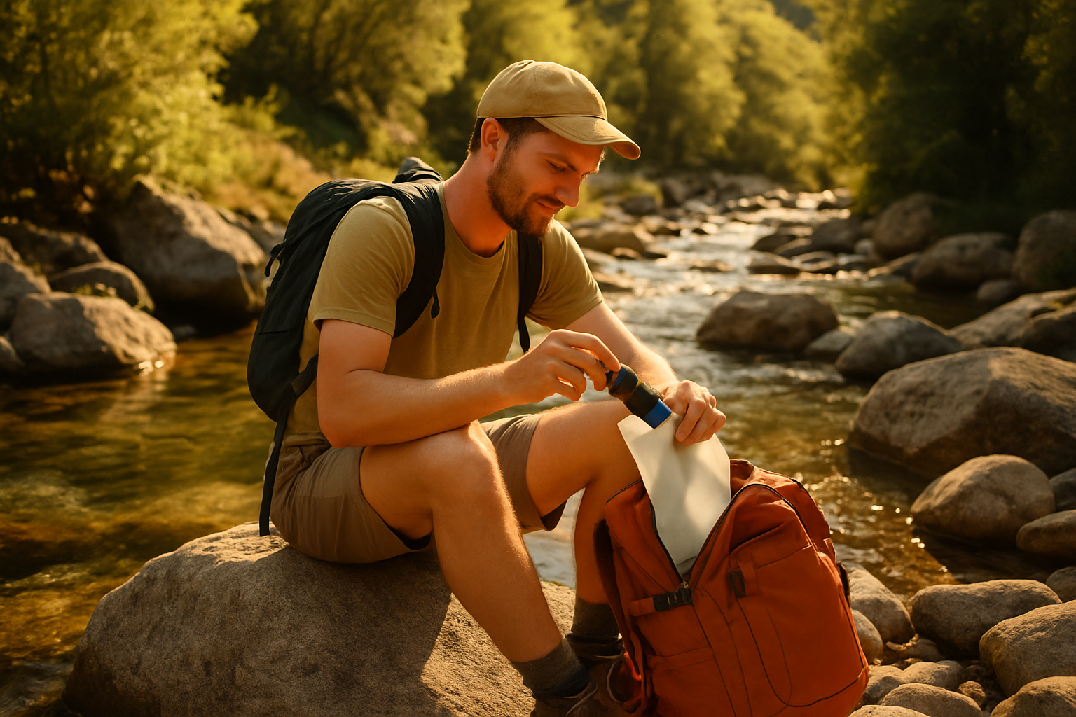 Hiker packing a soft water reservoir and compact filter beside a clear stream