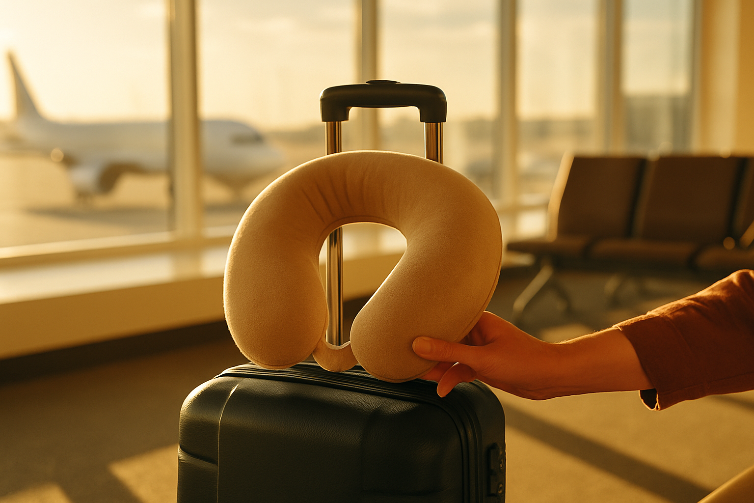 Travel neck pillow looped on a suitcase handle at an airport gate