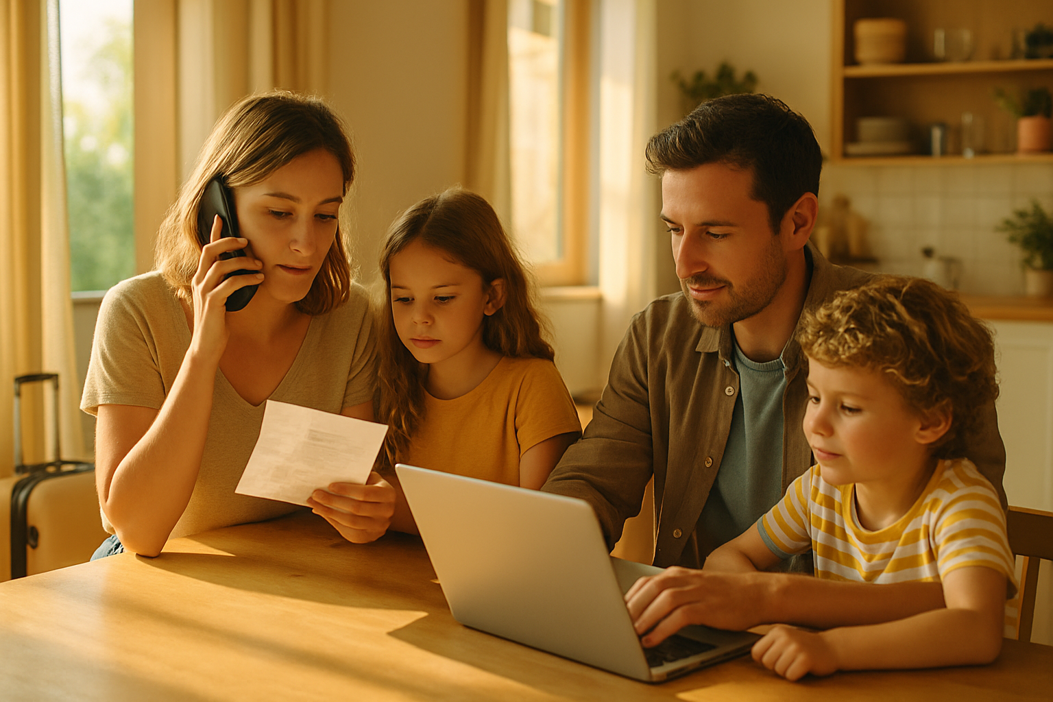 Parents at a kitchen table with a laptop, medical note and a suitcase by the door