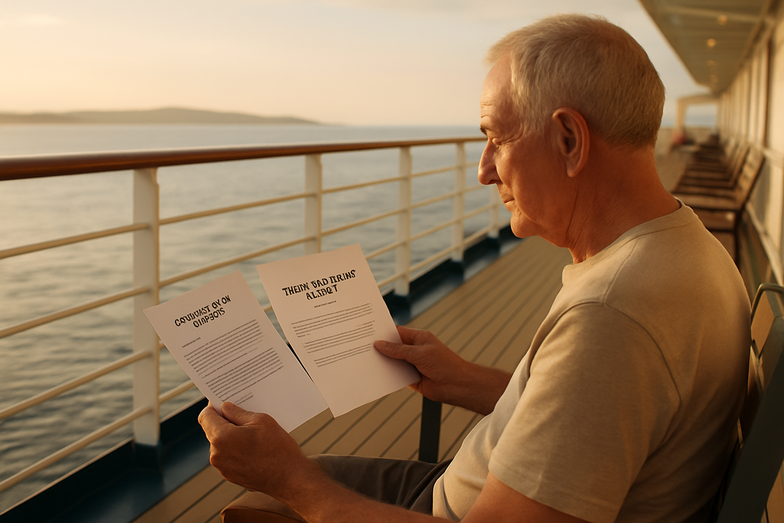 Traveller on cruise deck with medical letter and insurance papers, sea in background