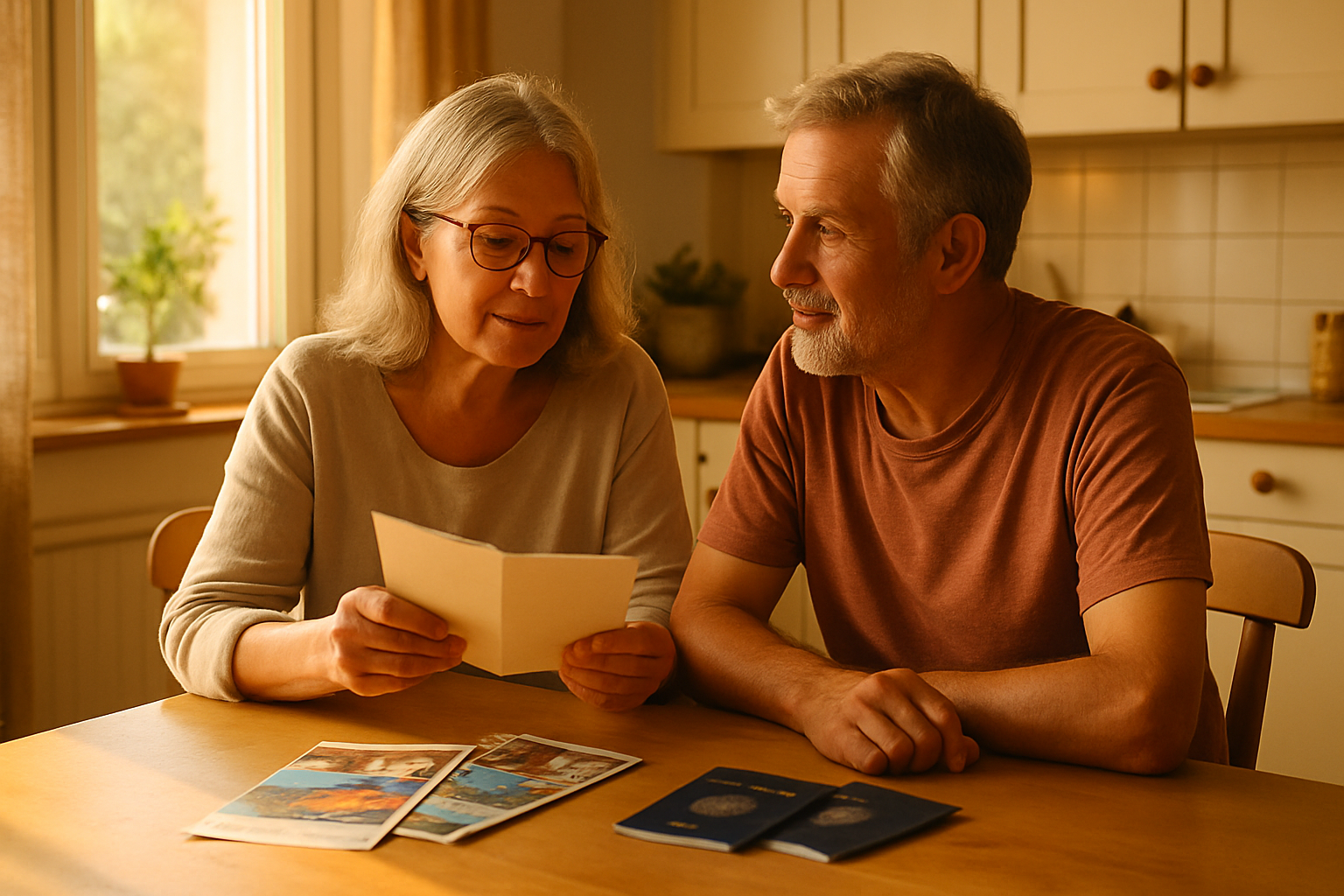 couple in their sixties looking at an envelope and travel brochures at a kitchen table in sunlight.