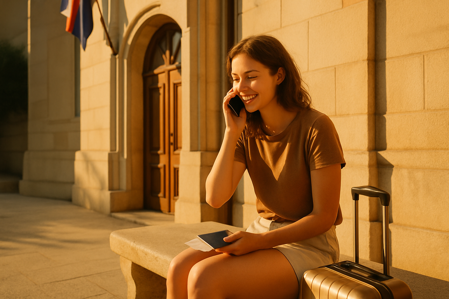 Young solo traveller on a bench outside a consulate with phone and travel documents