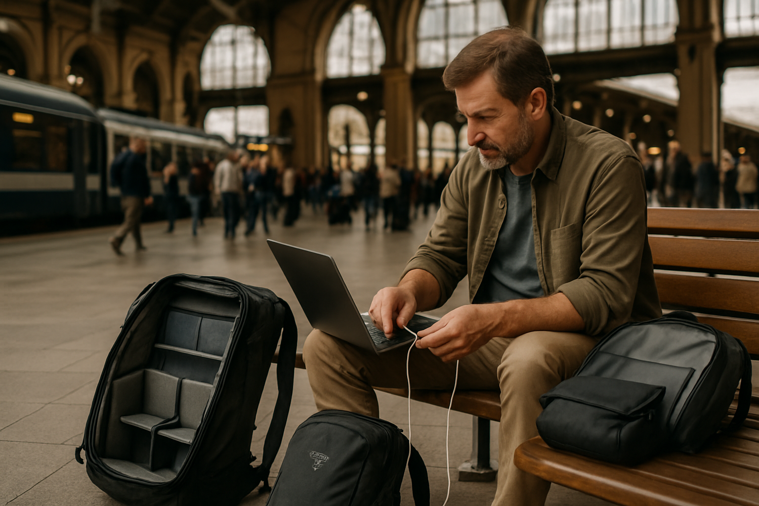 Two travel backpacks (Peak Design 45L open, Osprey Farpoint 40 closed) at a train station with a traveller using a laptop.