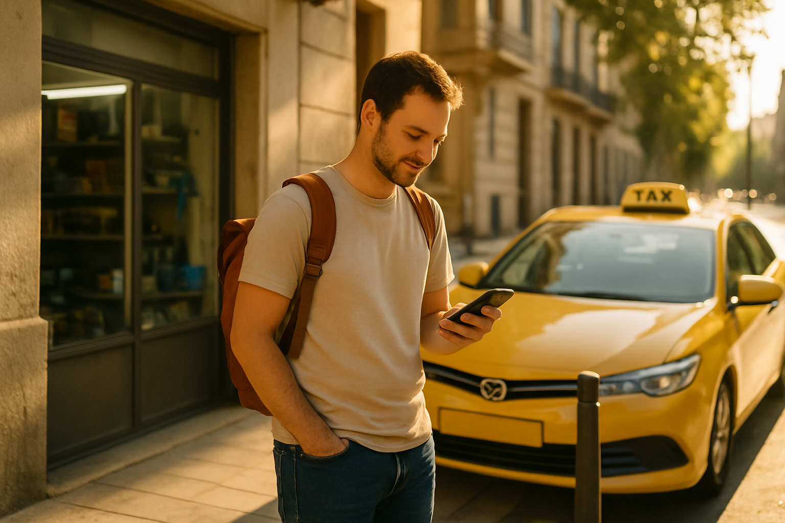 Solo traveller on sunlit pavement checking a phone outside a taxi rank.