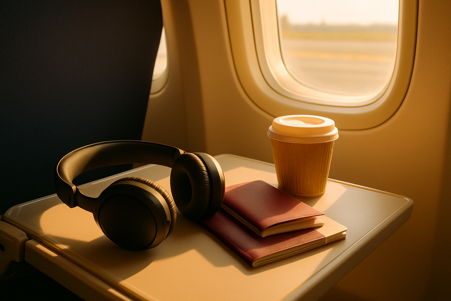 Over-ear headphones on an aircraft tray table with passport and coffee