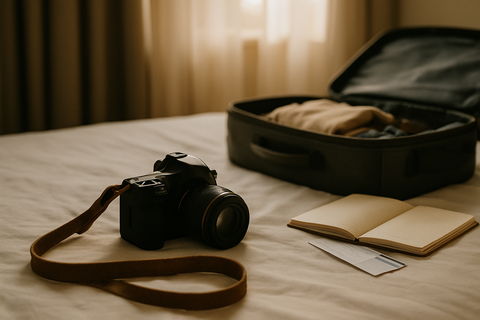 Camera and strap on a hotel bed next to an open suitcase and boarding pass