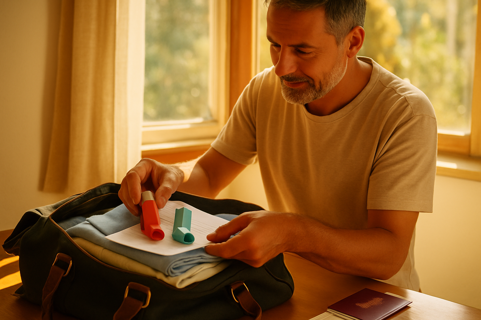 Traveller packing inhalers and GP letter into a weekender bag by a sunny window