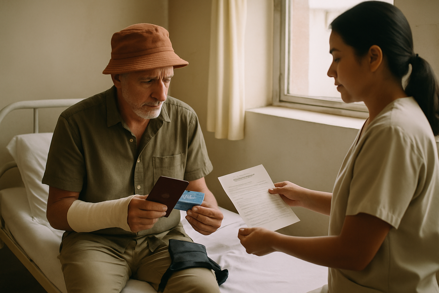 Traveller with arm cast in a foreign clinic looking at hospital invoice and insurance card