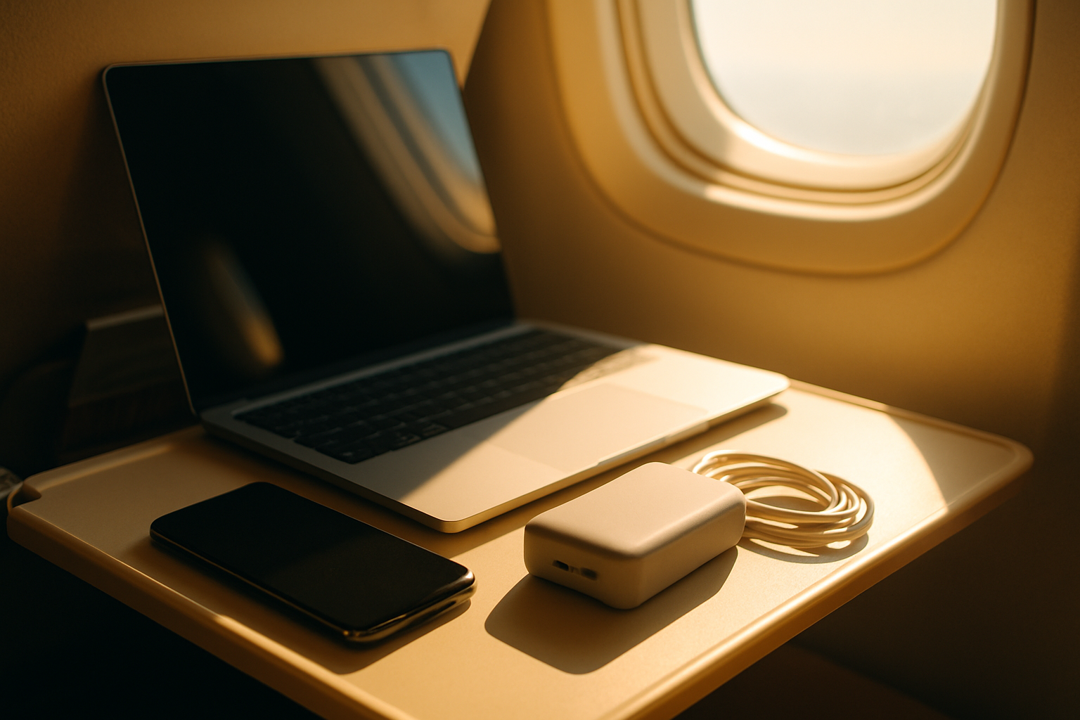 Power bank, laptop and phone on an aircraft tray table in morning light